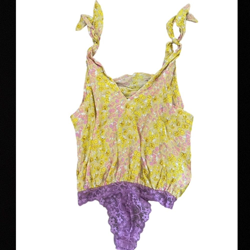 Free People Floral Yellow Intimacy Bodysuit Size Medium